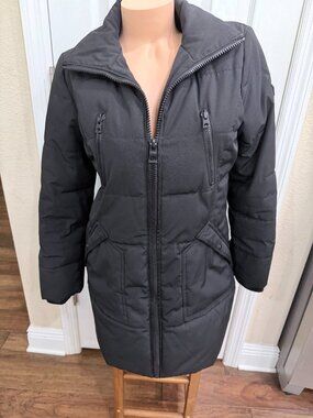 Guess Black Longline Puffer Coat Medium Faux Fur Lined Winter Jacket Zip Pockets